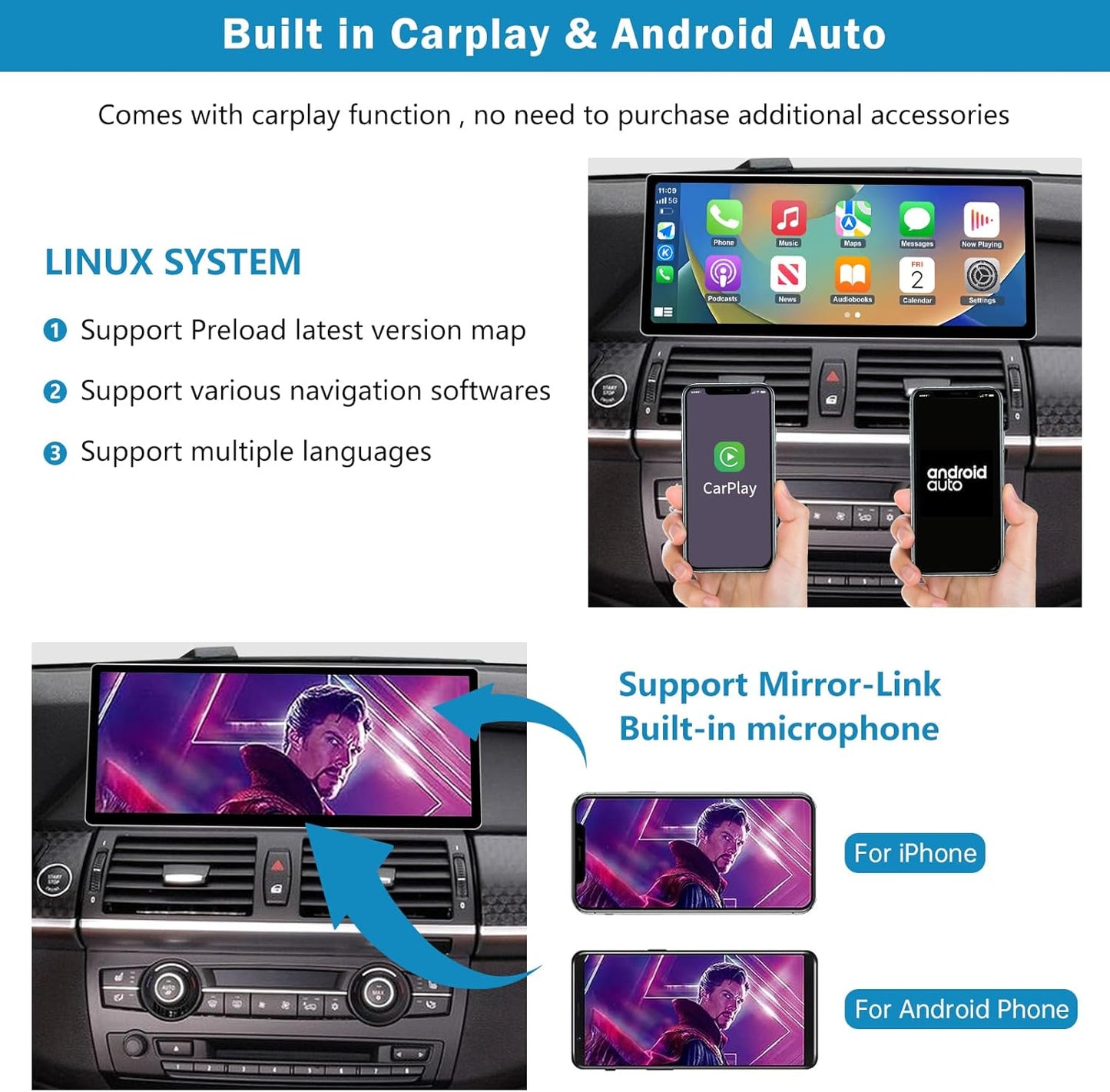 12,3 inch touchscreen autoradio – inbouwradio – multimedia systeem – auto stereo – navigatiesysteem – Draadloos Apple CarPlay & Android Auto – Compatibel met BMW X5/X6 E70 E71 (2007-2010) met CCC-systeem