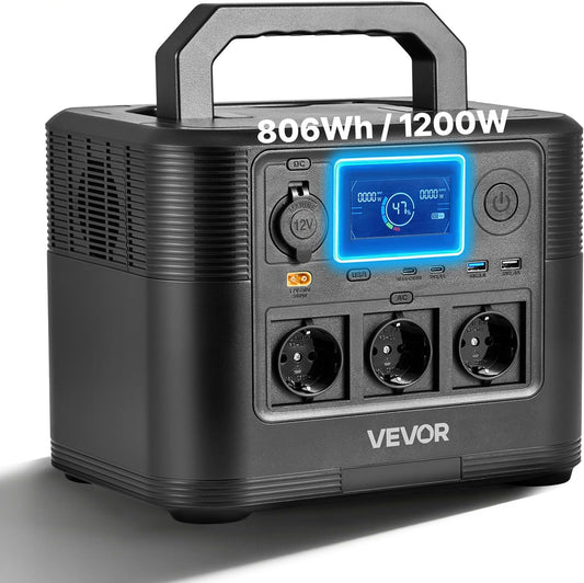 VEVOR Draagbaar powerstation, 1200 W, LifePO4-accu, 806 WH, met 9 uitgangen, voor thuis, camping, reizen in de camper, zonnepaneel niet inbegrepen