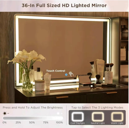 dressing tables Large modern vanity table with mirror and lighting with 5 drawers and storage shelves and dressing table toilet table(Noir) - QUORE