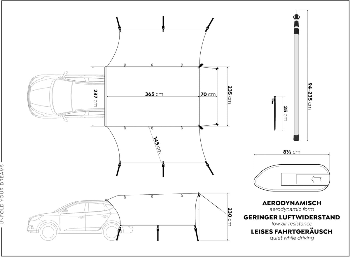 CampAir Autodakluifel met UV50+, zonnezeil met bies voor SUV, auto, bestelwagen en campingbussen, 2000 mm WS, incl. telescoopstangen en dakdragers, zwart, 6 kg