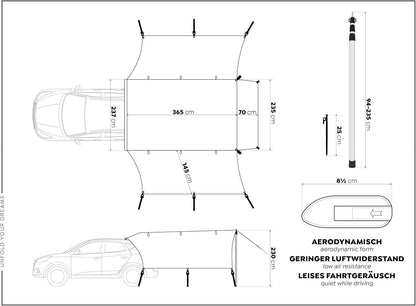 CampAir Autodakluifel met UV50+, zonnezeil met bies voor SUV, auto, bestelwagen en campingbussen, 2000 mm WS, incl. telescoopstangen en dakdragers, zwart, 6 kg