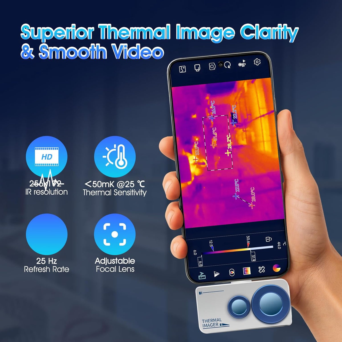 Warmtebeeldcamera HP-H2F6B 640 x 480 Visuele en hoge resolutie, dual spectrum warmtebeeldcamera voor Android, groot temperatuurbereik van 5 °F ~ 1022 °F, zicht-/IR-fusiemodus, USB-C