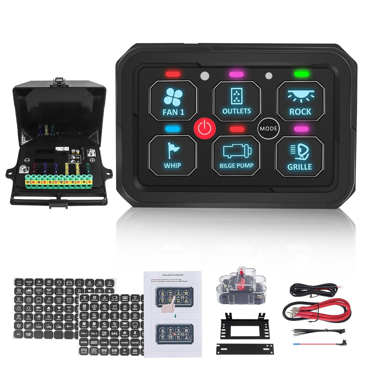 Chelhead 6 Gang RGB tuimelpaneel schakelpaneel, momentane puls, verbeterd 12 V offroad schakelpaneel, automatisch dimmen, kleurindicatoren, IP65 waterdicht