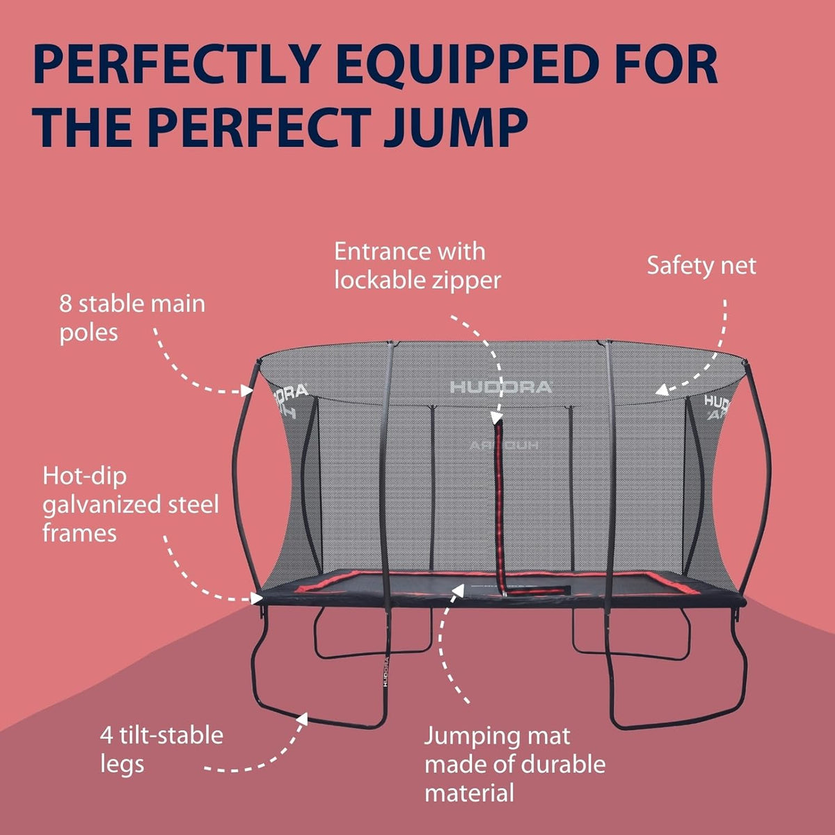 HUDORA Trampoline 4square – 244 x 366/215 x 305 cm grote, rechthoekige outdoor trampoline – rechthoekige sporttrampoline voor maximaal 120 kg – familietrampoline met hoge veerkracht – hoogwaardige