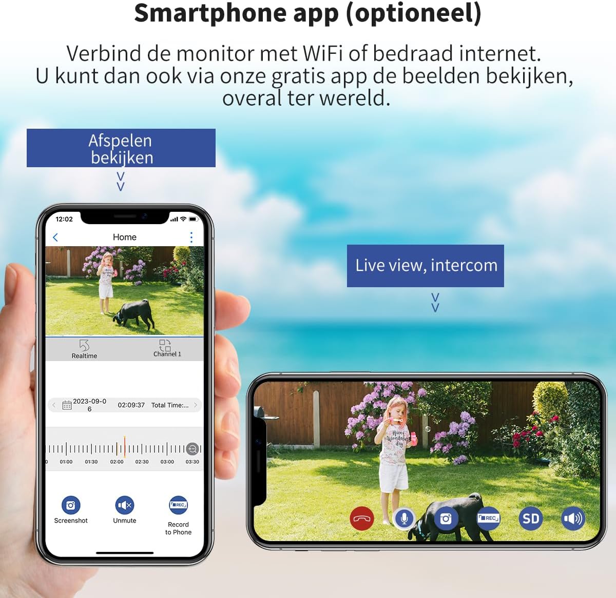 SecuFirst 2K Beveiligingscamera Buiten met Binnenmonitor Draadloos, 7" Touch Screen NVR + 2X Outdoor Camerabewaking Babyfoon Werken zonder Wi-Fi, AI Bewegingsdetector, 64GB SD-kaart.Intercom.