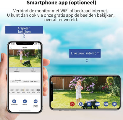 SecuFirst 2K Beveiligingscamera Buiten met Binnenmonitor Draadloos, 7" Touch Screen NVR + 2X Outdoor Camerabewaking Babyfoon Werken zonder Wi-Fi, AI Bewegingsdetector, 64GB SD-kaart.Intercom.