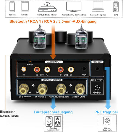 Douk Audio T6 PRO Bluetooth buisversterker: 300 W x2 TPA3255 2-kanaals stereo versterker - dual VU-meter & super bas - voor thuisbioscoop- en hifi-systemen (zwart)