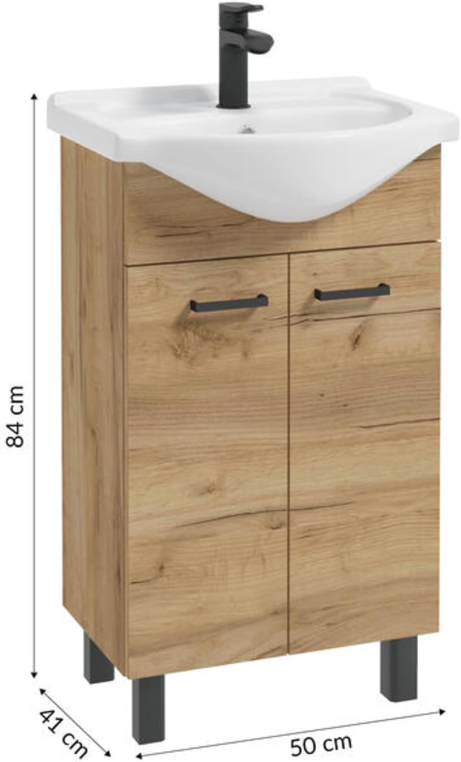 Domodomo Bathroom Cabinet with Washbasin 85 x 50 x 41 cm Freestanding Bathroom Cabinet and Base Cabinet Oak 50 cm, Elegant Set with Fixture Black Matt, Click-Clock-Stopfen, Siphon - QUORE