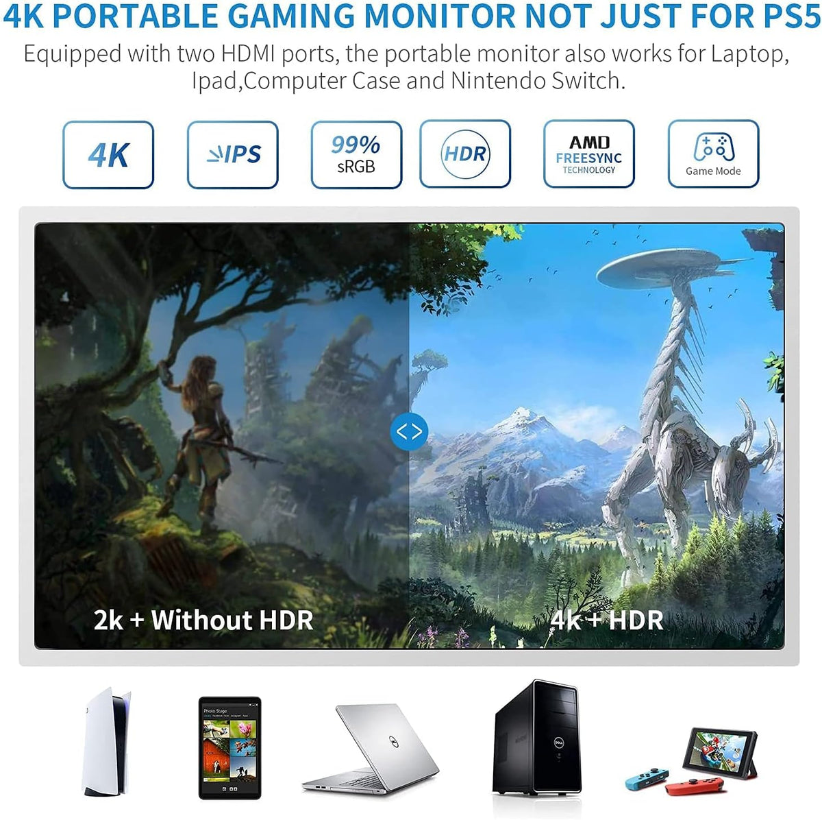 G-STORY 15.6 inch Portable Monitor for PS5, UHD 4K Portable Gaming Monitor with Two HDMI, HDR, Freesync and Game Mode - QUORE