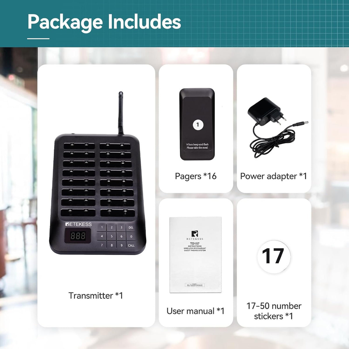 Retekess TD157 Pager Systeem, Oproepsysteem Restaurant, 16 Pagers, 300 mAh 20H, 2 Oproepmodi, Gemakkelijk te Gebruiken, Waterdicht Aanraaktoetsenbord, Semafoonsysteem voor Bar, Ziekenhuis, Hotel