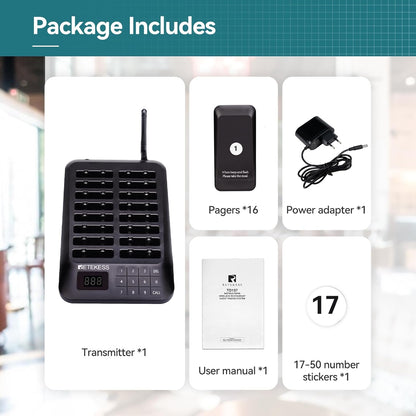 Retekess TD157 Pager Systeem, Oproepsysteem Restaurant, 16 Pagers, 300 mAh 20H, 2 Oproepmodi, Gemakkelijk te Gebruiken, Waterdicht Aanraaktoetsenbord, Semafoonsysteem voor Bar, Ziekenhuis, Hotel