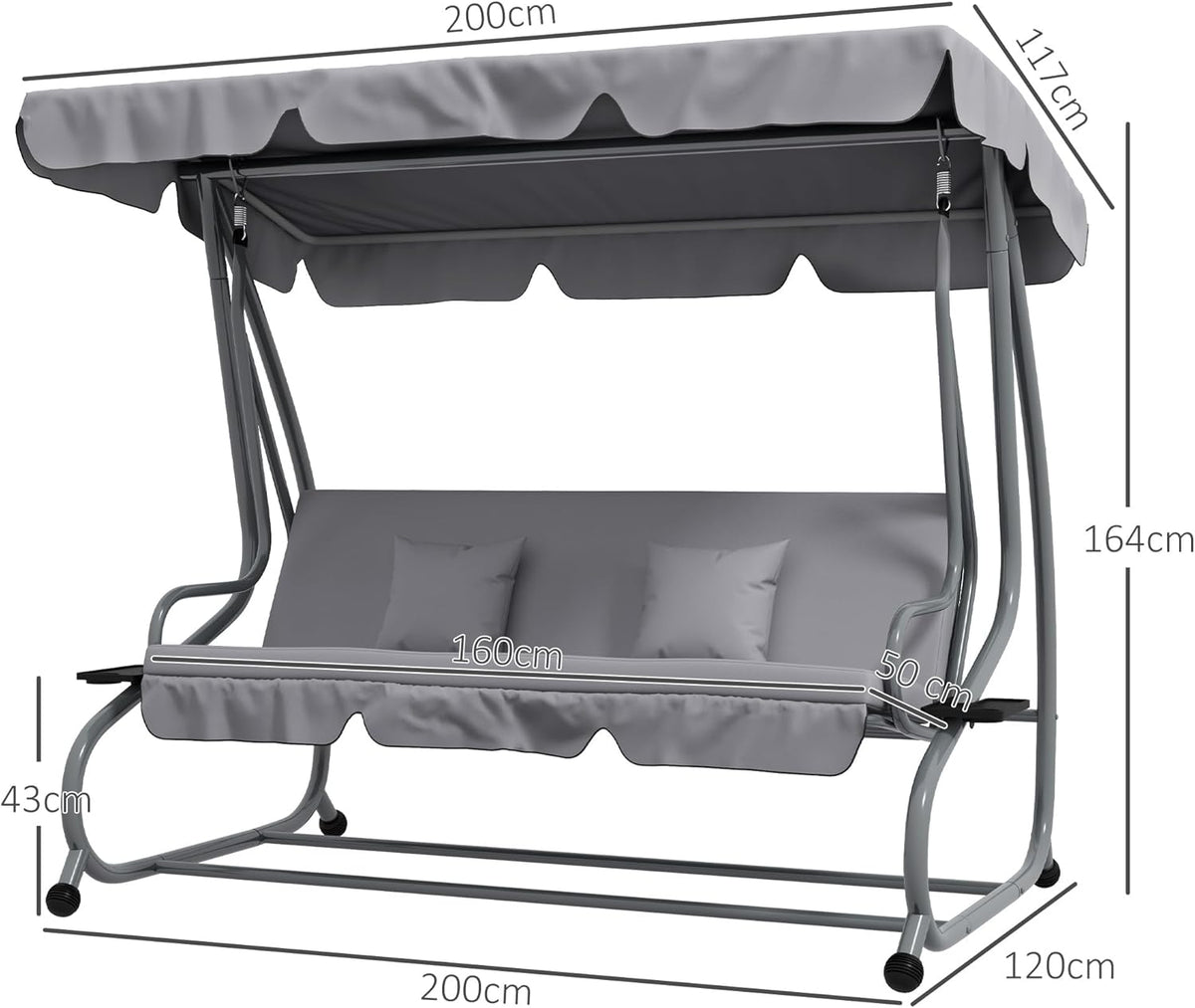 Outsunny Swing Bench, 3-Seater Garden Swing with Adjustable Roof, Cushion, Swing with Reclining Function, Folding Side Table, up to 340 kg, for Garden, Balcony, Light Grey - QUORE