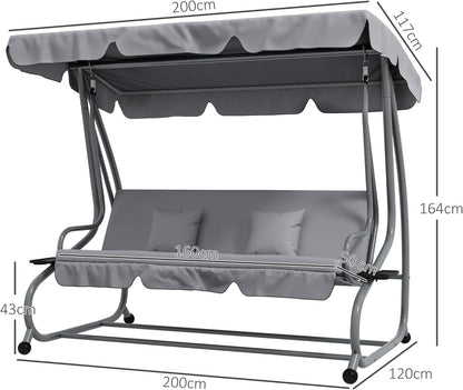 Outsunny Swing Bench, 3-Seater Garden Swing with Adjustable Roof, Cushion, Swing with Reclining Function, Folding Side Table, up to 340 kg, for Garden, Balcony, Light Grey - QUORE