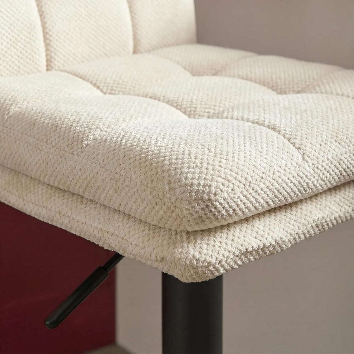 DUBI Möbel Enno Bar Stool – Double Cushions & Padded Backrest – Continuously Adjustable Height – Black Matte Dish Base with Triangular Footrest – Woven Fabric Cream - QUORE