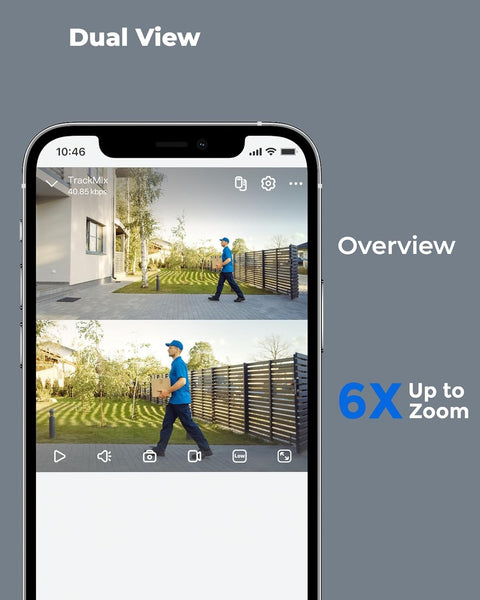Beveiligingscamera - WiFi-beveiligingscamera - Camerabewaking - 4K Wi-Fi 6 - voor Buiten - met Dubbele Lens - 6X Hybride Zoom - 360° Zicht - Detectie van Personen - Voertuigen - Dieren - Automatisch Volgen - Kleurennachtzicht - Grijs