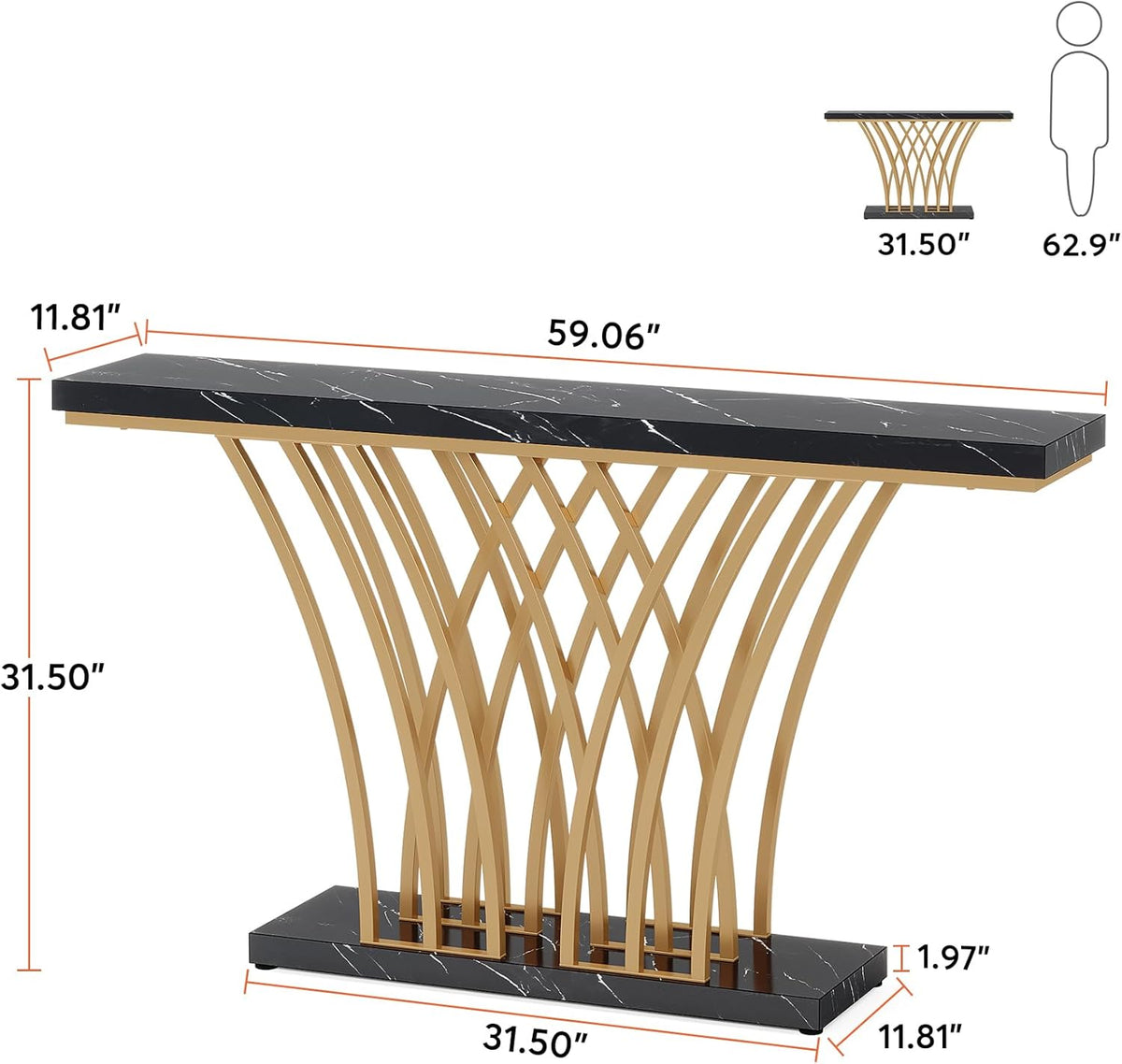 Tribesigns Gold Console Table, 150 x 29.5 x 80 cm Modern Entrance Table with Grid Metal Base for Entrance, Corridor, Front Room, Living Room (Black & Gold)