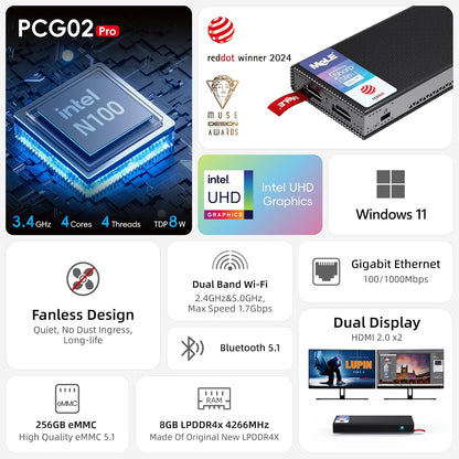 Mini PC – Mini Computer – Mini Desktop – Pocket PC – Compact PC – Intel N100 Quad-Core – 8GB RAM 256GB SSD – Dubbele HDMI-uitgang – USB-C PD3.0