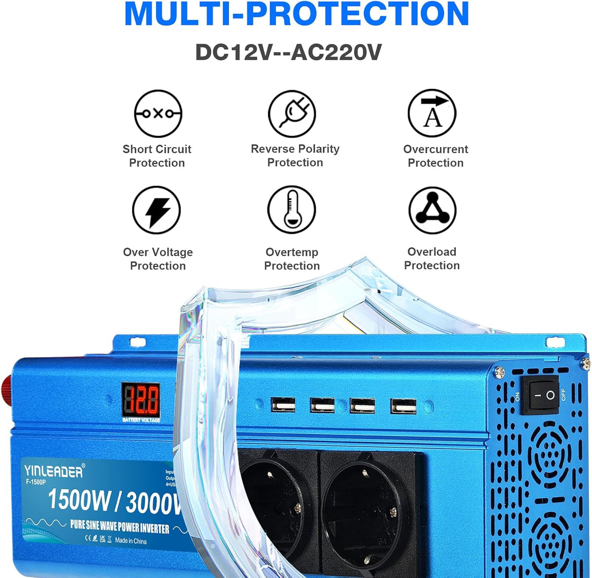 <font dir="auto" style="vertical-align: inherit;"><font dir="auto" style="vertical-align: inherit;">        Yinleader Converter, 12V, 220V, pure sine wave, 1500W, 3000W, pure power sine wave, 2 sockets 4 USB       </font></font>