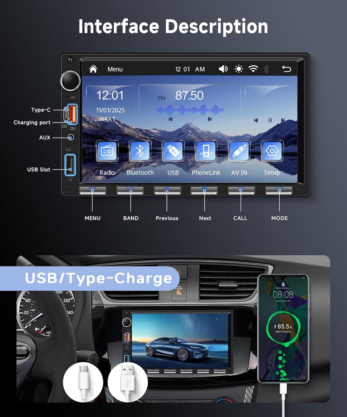 Autoradio, 2 Din pianotoetsen met draadloze Carplay Android auto, 7 inch IPS HD touchscreen, autoradio, ondersteuning bluetooth, FM-radio, USB/type-C, spiegellink, achteruitrijcamera