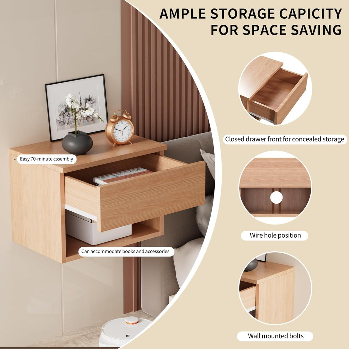 Drijvend nachtkastje, modern wandgemonteerd plank en bureau, bijzettafel houten lade, houten modern nachtkastje voor slaapkamer (beuken TC2, set van 2)