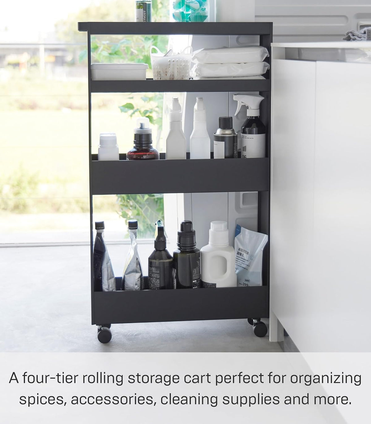 Yamazaki 1807 TOWER Slim 4~Tiered Storage Cart, black, Steel/Nylon, 13 x 48 x 80.5 cm