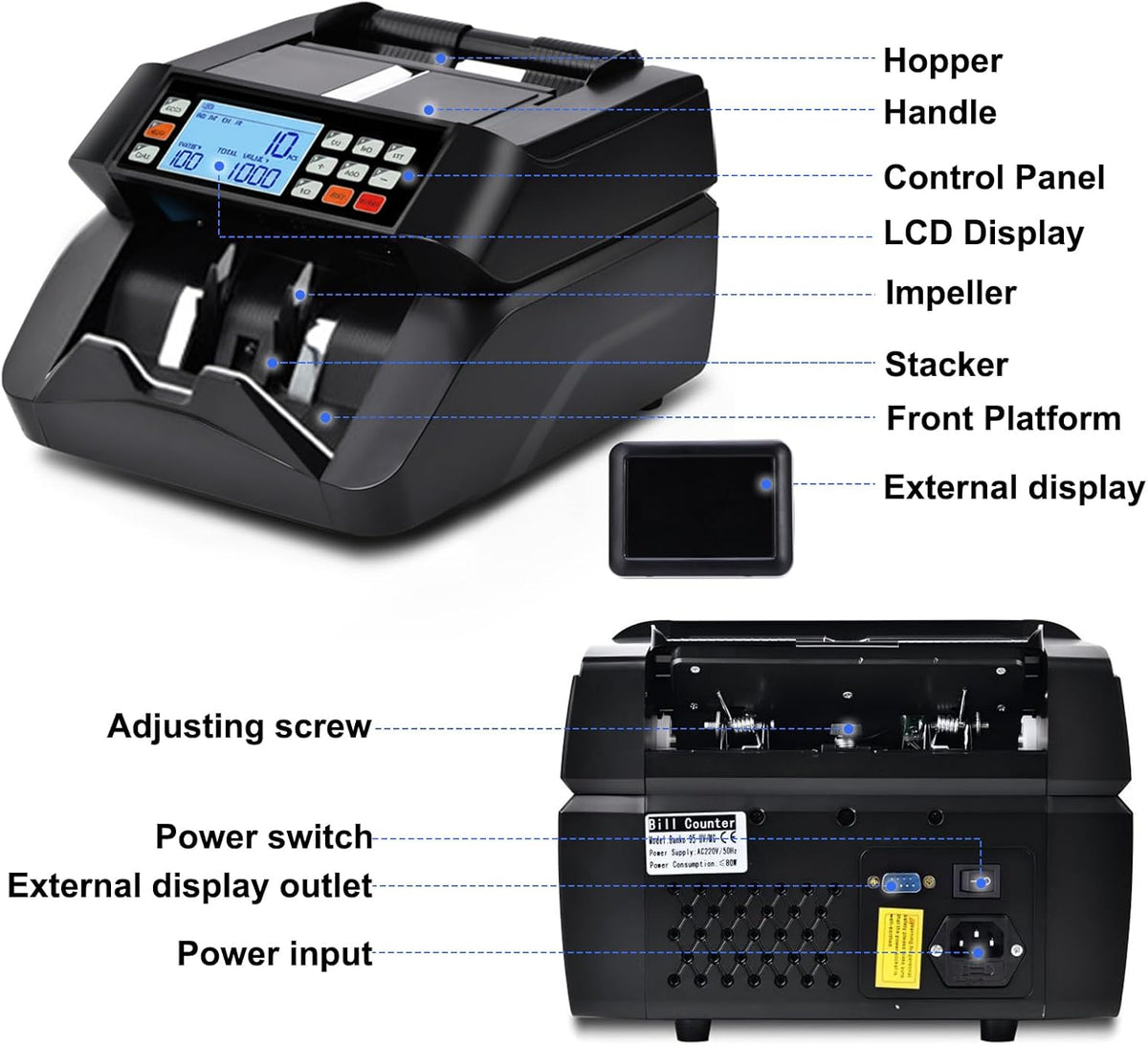 Geldtelmachine geldteller bankbiljettenteller met UV/MG/IR/MT, bankbiljettentellermachine geldbiljettenteller met 3,5" LCD-display en extern display, 1000 vellen/min