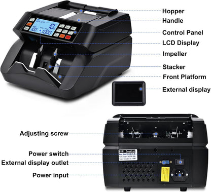 Geldtelmachine geldteller bankbiljettenteller met UV/MG/IR/MT, bankbiljettentellermachine geldbiljettenteller met 3,5" LCD-display en extern display, 1000 vellen/min