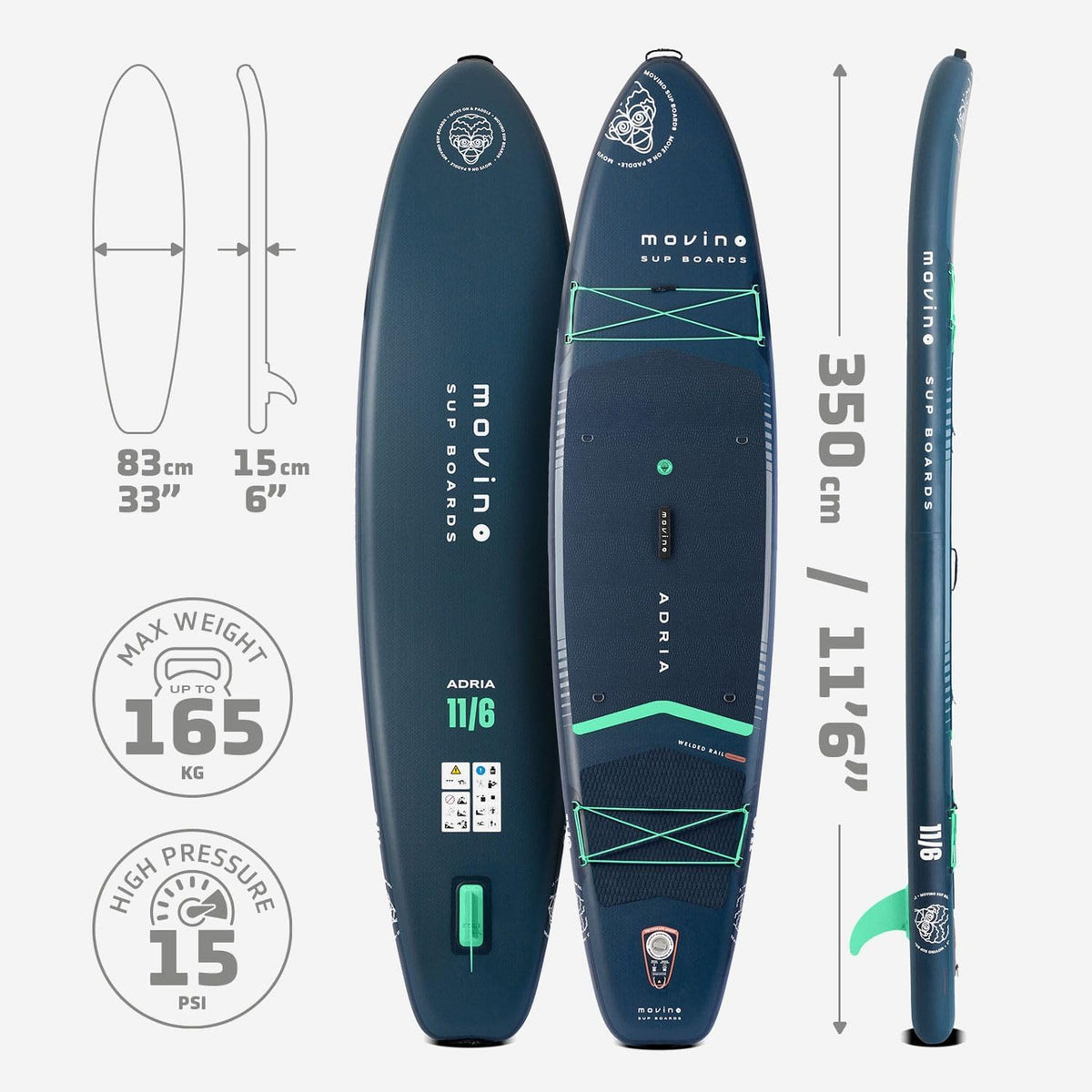 Movino Stand Up Paddle Board – 2-in-1 SUP Kajak Opblaasbaar – Draagvermogen Tot 165 kg Set Met Accessoires Peddel – 350 x 83 x 15 cm – Adria 11’6"