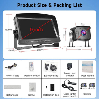 Achteruitrijcameraset, 9-inch LCD-monitor met 2 AHD-achteruitrijcamera's, IP69 waterdicht, nachtzicht met 10 m + 10 m kabel, voor auto's, pick-ups, vrachtwagens, kleine campers, campers DC12V-35V