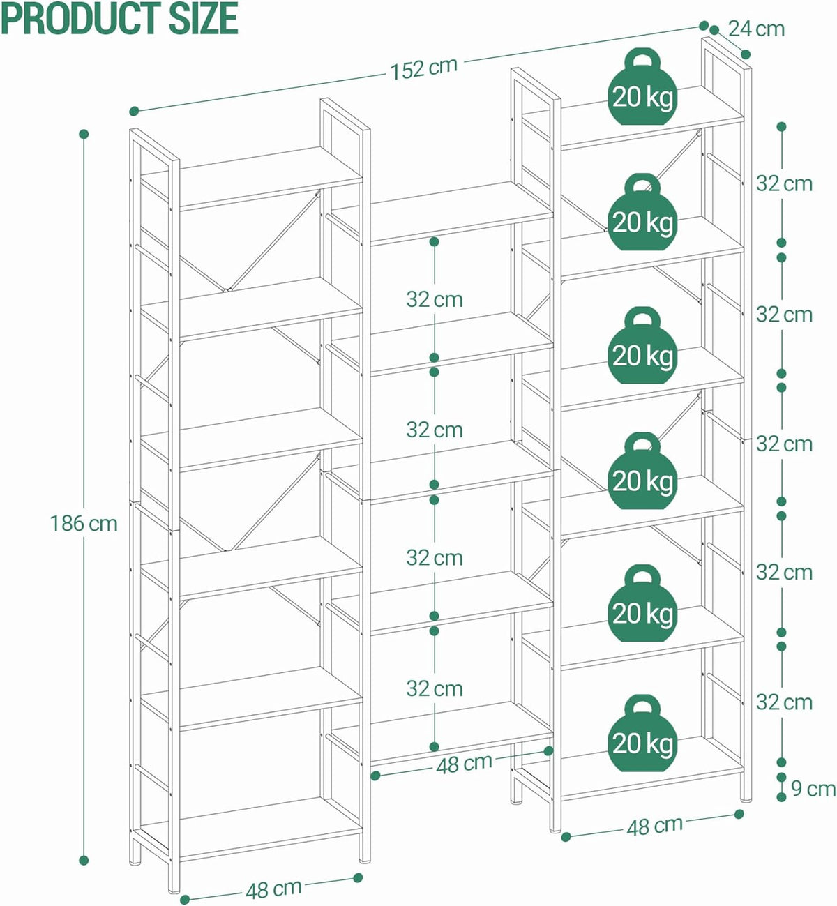 Hzuaneri Bookshelves, Freestanding Shelves, 17 Shelves, 6 Layers, Adjustable Distance, 24 x 152 x 186 cm, Load Capacity 340 kg, Living Room, Office Vintage Black BC10104B