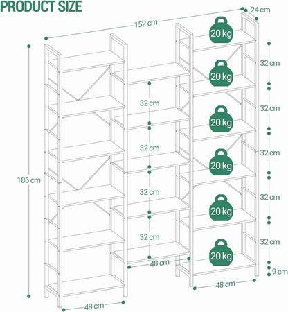 Hzuaneri Bookshelves, Freestanding Shelves, 17 Shelves, 6 Layers, Adjustable Distance, 24 x 152 x 186 cm, Load Capacity 340 kg, Living Room, Office Vintage Black BC10104B