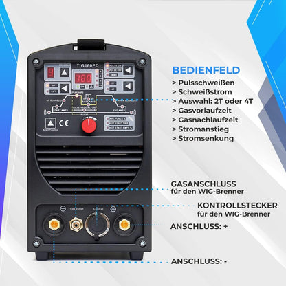 IPOTOOLS 160PD WIG lasapparaat, TIG WIG-lasapparaat, 160 amper, volledig digitale omvormer lasapparaat met HF-ontsteking, pulsfunctie, MMA, IGBT, 32-bits microprocessor, 7 jaar garantie