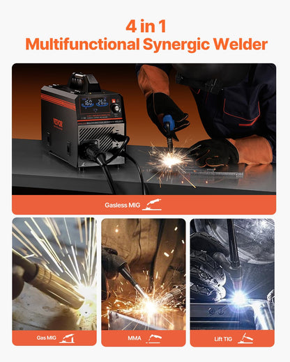 VEVOR MIG Soldering Station, 160 A, Syergetic Welding Machine, Portable Multi-Process, MIG, Gas Free, MMA Lift TIG, 4-in-1, Powerful Welder with IGBT Inverter Technology, LCD Display