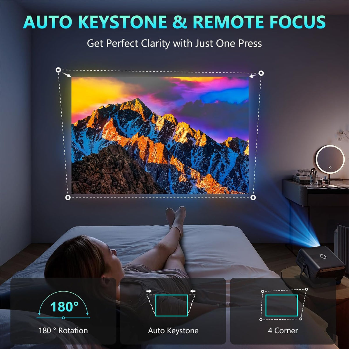 Mini Projector met 500 ANSI Lumen, Auto Focus, 1080P Full HD, Ondersteunt 4K Input, WiFi 6, Bluetooth 5.0, 360° Standaard, Draagbare Projector voor Slaapkamer en Buiten