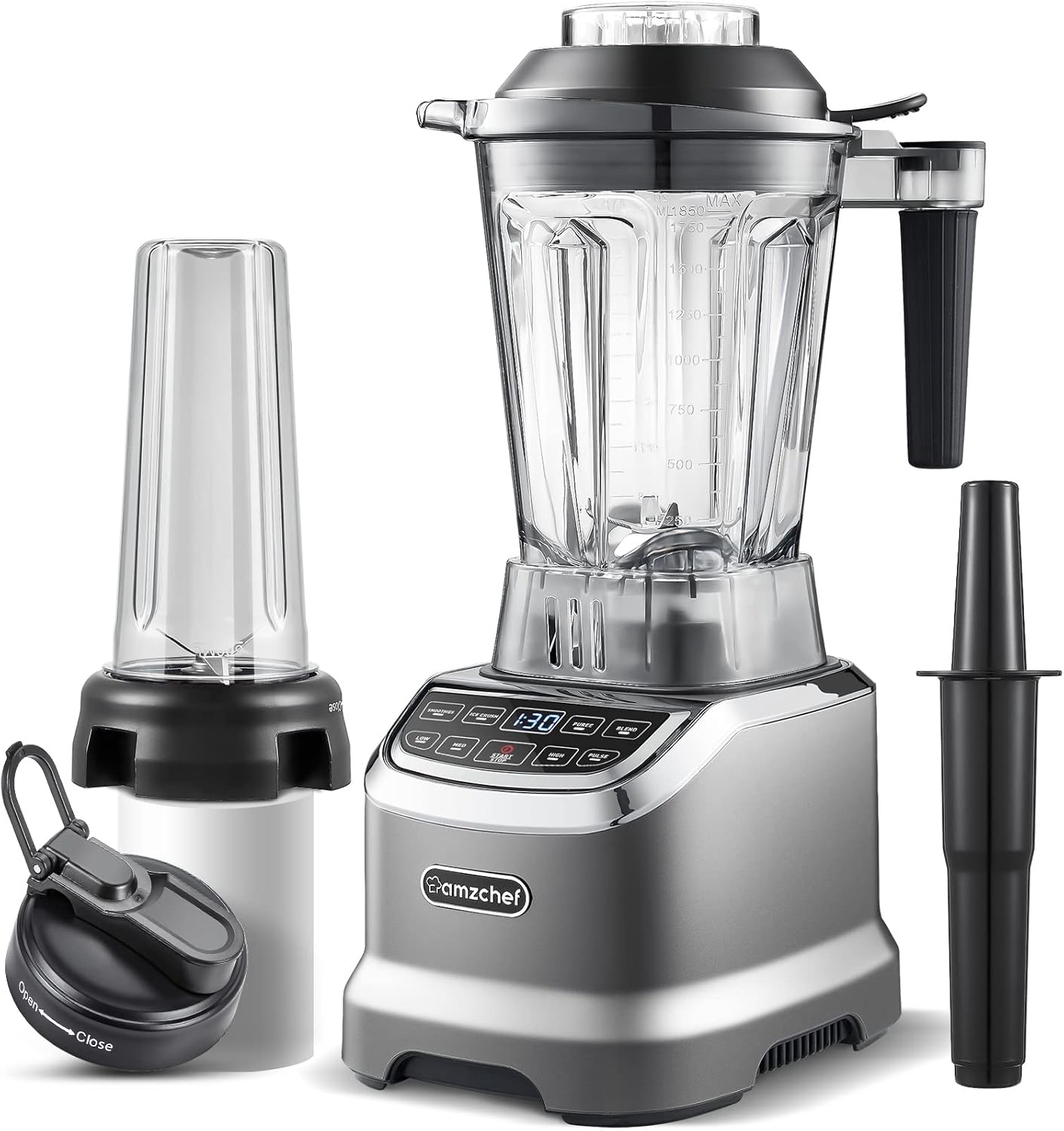 AMZCHEF 2 IN1 Blender met Kan van 1850 ml en 600 ml voor Twee Mengstanden - 2000 Watt Smoothie Blender met Stamper en 6 Professionele Messen 22000 Omwentelingen - Grijs