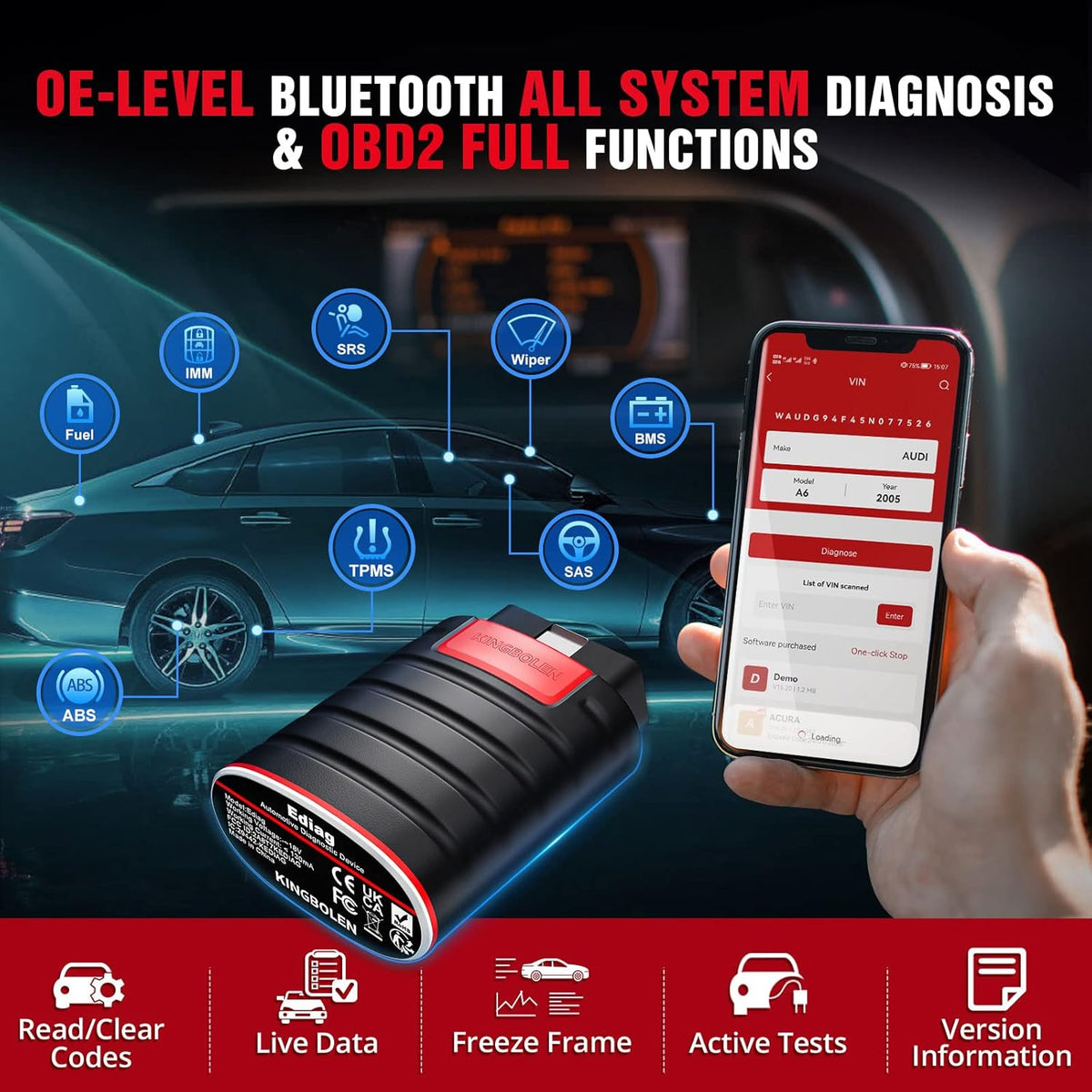 KINGBOLEN Ediag OBD2 Scanner Bluetooth, volledig systeem draadloze autoscanner met actieve tests, ECU-codering, 16 resets, olie/rem/EPB/TPMS, DPF-regeneratietool 1 jaar gratis update.