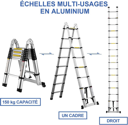 Telescopische ladder van aluminium, vouwladder, multifunctionele ladder, staande ladder, uittrekbare ladder, maximale belasting: 150 kg, zilver