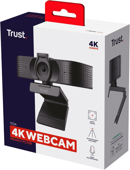 Trust Teza 4K Ultra HD Webcam, 3840x2160, met 2 Microfoons en Autofocus, 30 FPS, USB Plug & Play, Webcam voor Teams, Zoom, Skype, PC, Laptop, Mac, Macbook - Zwart