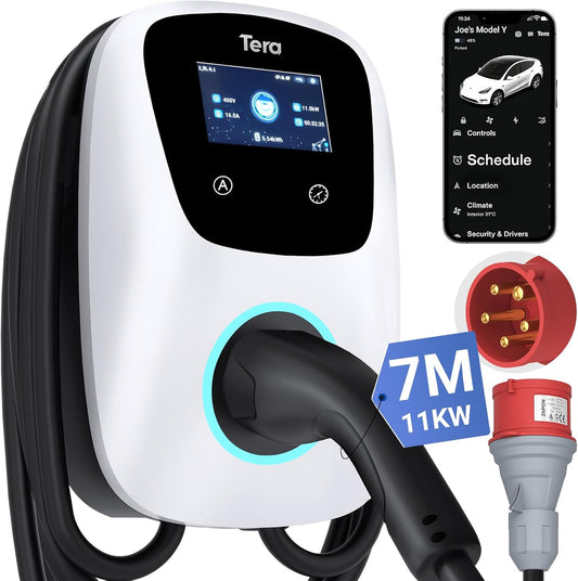 Tera Smart EV oplader type 2 Wallbox met app, 11 kW, 16 A, 400 V, CE & TÜV met wifi en bluetooth, 7 m laadkabel met opladerhouder, thuis, Wallbox CEE, 3-fasen stekker voor EVs & PHEV W01, wit