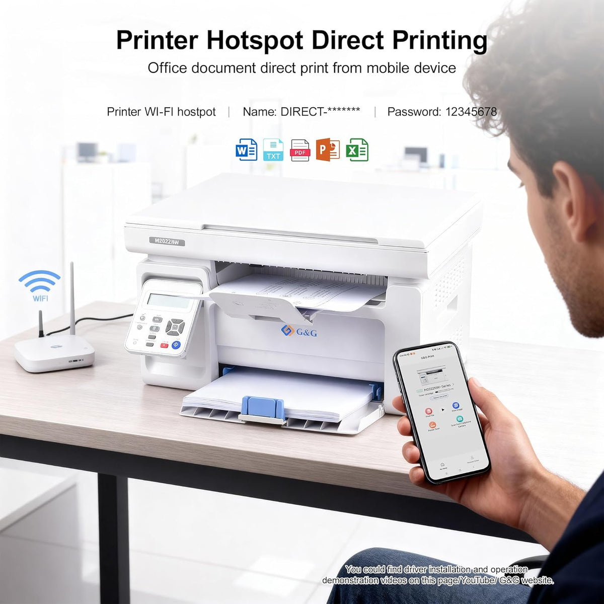 G&G M2022NW Laser Printer, Multifunction Device with Printer, Scanner and Copier, Black and White, Wi-Fi (22-23 pm)