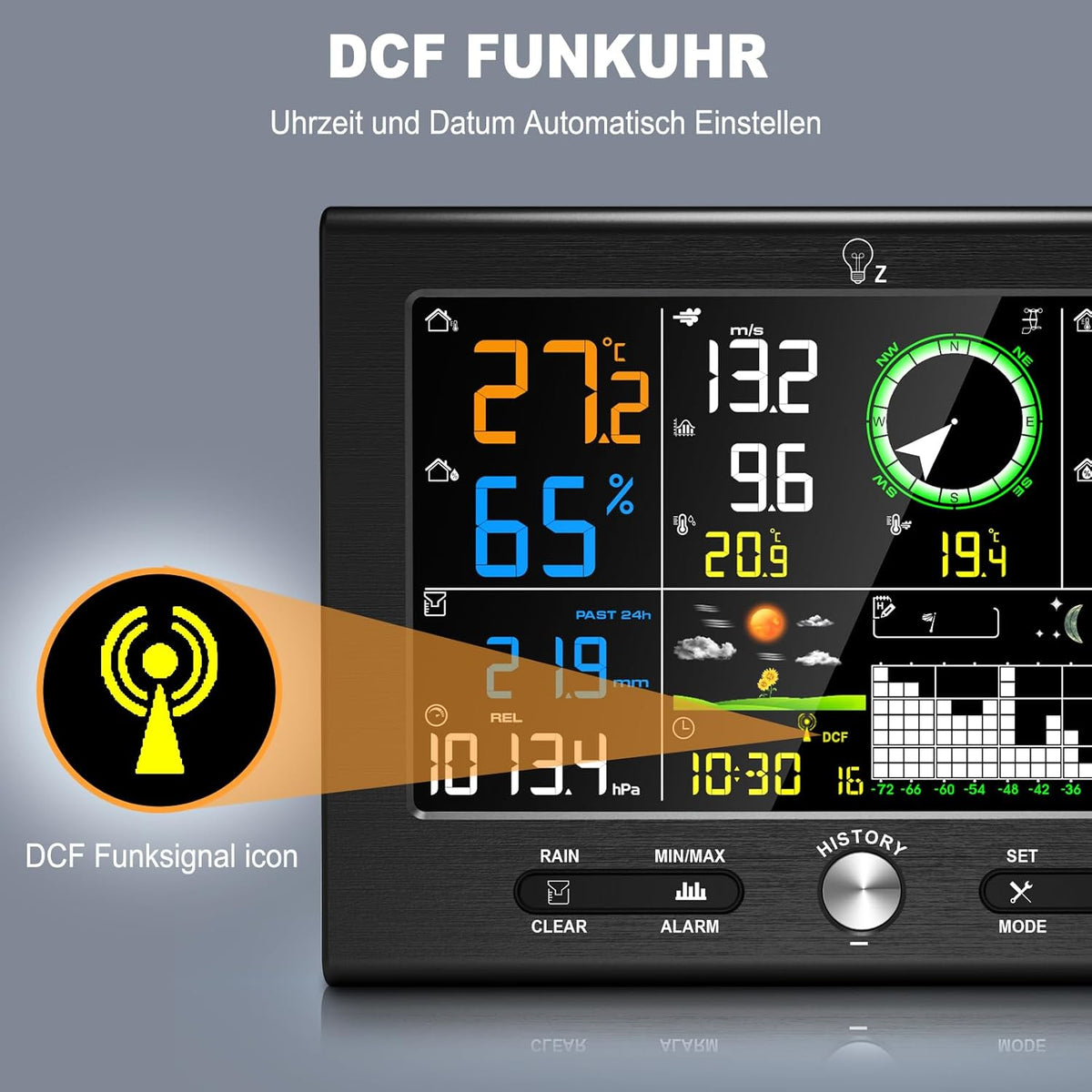 Urageuxy Draadloos weerstation met buitensensor, 7-in-1 professioneel weerstation met regenmeter en windmeter, 7,6 inch display, DCF-klok, datasoftware, binnen- en buitenthermometer, hygrometer