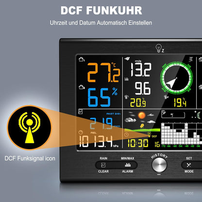 Urageuxy Draadloos weerstation met buitensensor, 7-in-1 professioneel weerstation met regenmeter en windmeter, 7,6 inch display, DCF-klok, datasoftware, binnen- en buitenthermometer, hygrometer