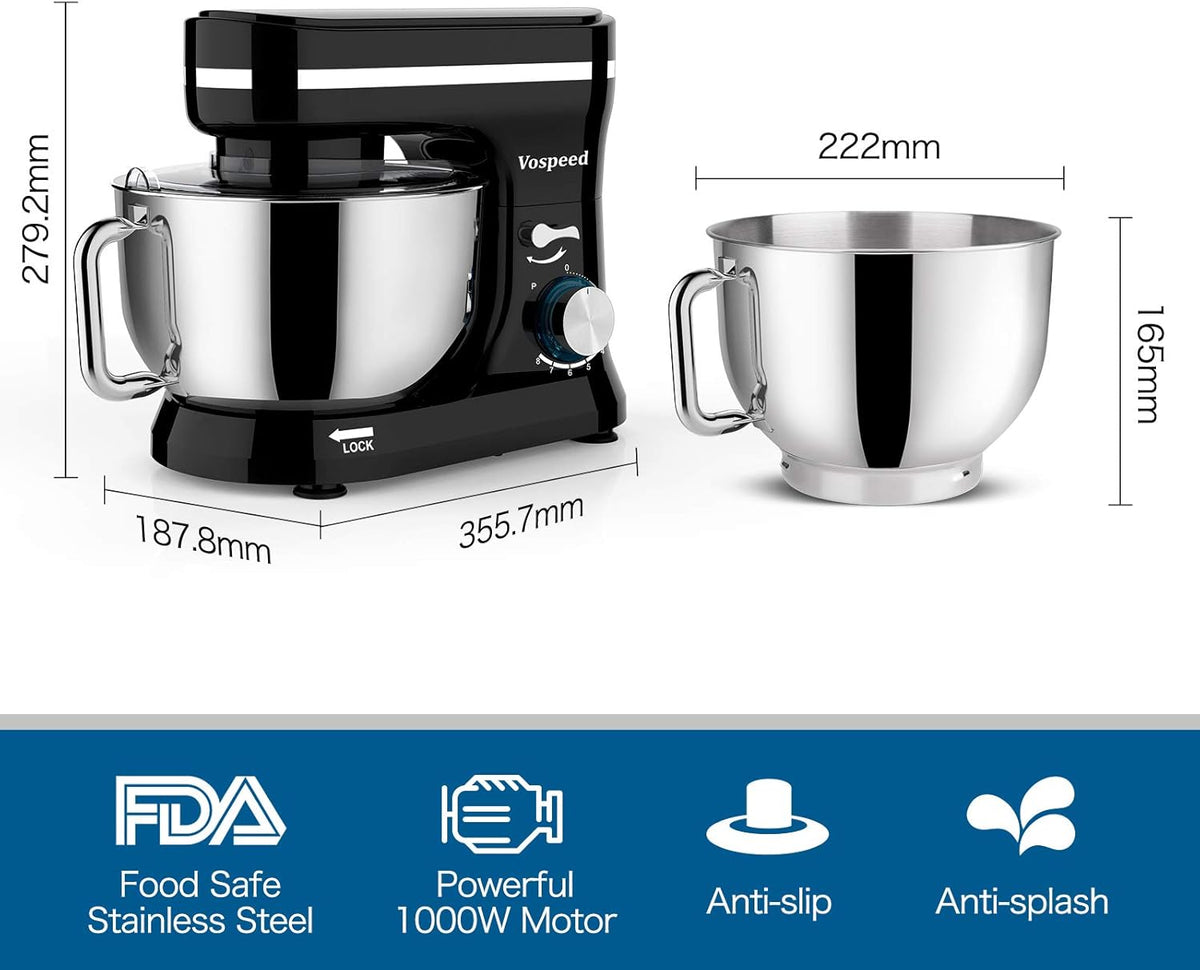 Planetaria Vospeed kneedmachine, 1000 W, 5QT keukenmachine met garde, deeghaak, garde voor cake, kom van roestvrij staal, spatdeksel (zwart)