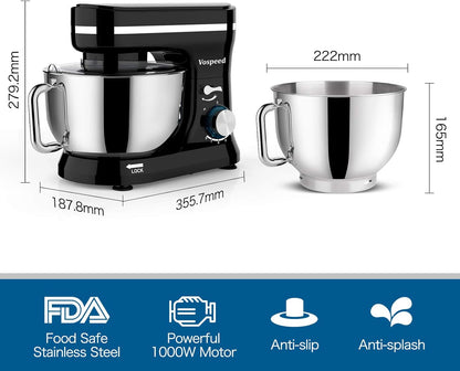 Planetaria Vospeed kneedmachine, 1000 W, 5QT keukenmachine met garde, deeghaak, garde voor cake, kom van roestvrij staal, spatdeksel (zwart)
