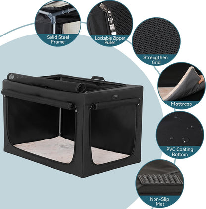 Petsfit Hondenkrat, stevig frame en ventilatierooster, grote hondenkist voor autoreizen, fleece mat rolgordijn hondendrager voor middelgrote tot grote honden