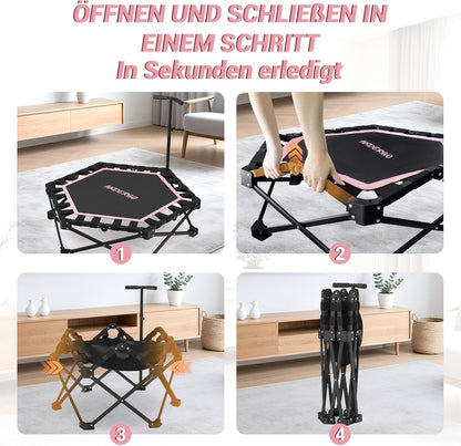 Fitness trampoline Ø106,5 cm – opvouwbare volwassen trampoline met verstelbare handgreep en veerkrachtig compact ontwerp – stil trampoline voor thuis workout