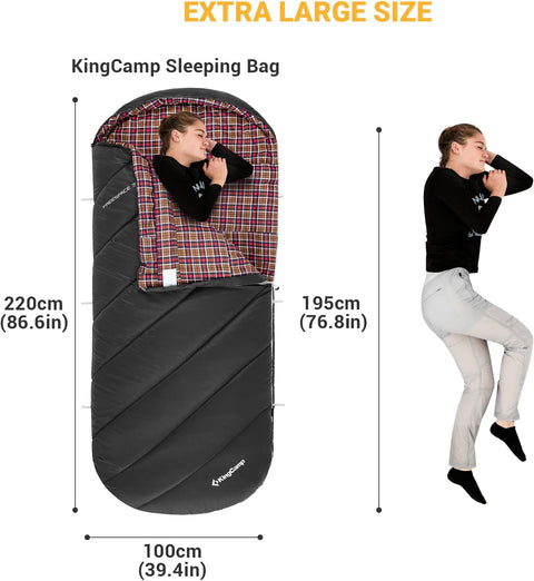 KingCamp Slaapzak XL 3-4 Seizoenen Katoen Flanel 220 x 100 cm Extra Groot voor Volwassenen Extreem -8 °C Compact Draagbaar Comfortabel Professioneel Warm voor Kamperen Wandelen Buiten Binnen