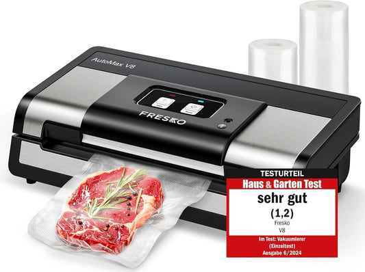 FRESKO Volautomatische vacuümverpakkingsmachine, handsfree met detectie van droog/nat voedsel, 140 W, geïntegreerde snijder en opbergtas
