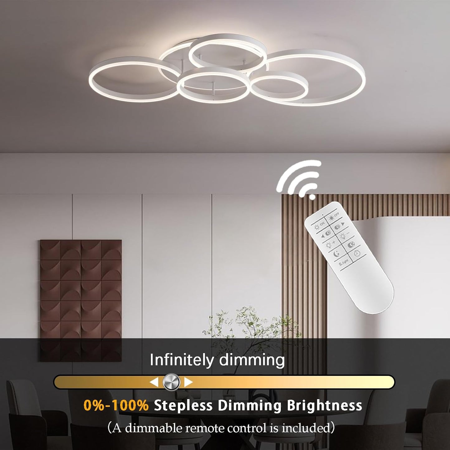 Dimbare LED Plafondlamp, 116 cm Flush Mount 108W 6400 lm Plafondverlichting met Afstandsbediening, 6 Ringen Plafondverlichting voor Woonkamer Slaapkamer Eetkamer, 3000-6000K, Wit