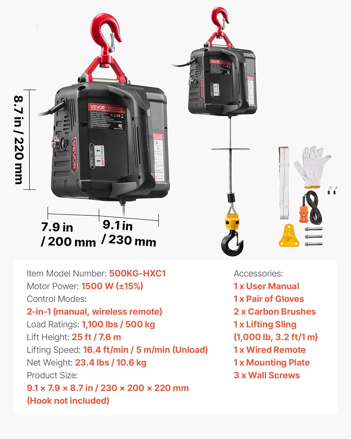 VEVOR Elektrische kabellier, 2-in-1, 500 kg, 1500 W kabel, 7,6 m hefhoogte, 5 m/min hefsnelheid, met handmatige en bekabelde afstandsbediening, voor fabriek, magazijn en garage